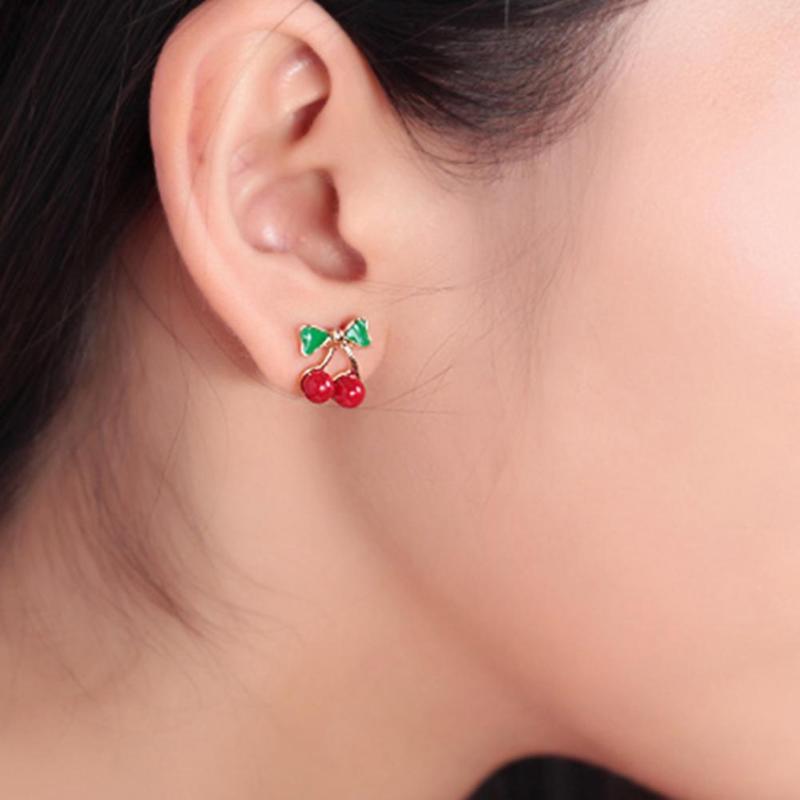 Dangle & Chandelier 2Pcs Small Green Drop Oil Bow Vintage Stud Ear Ring Colorful Decorative Golden Color Red Cherry Earring For Dressing Roo-image-700848760