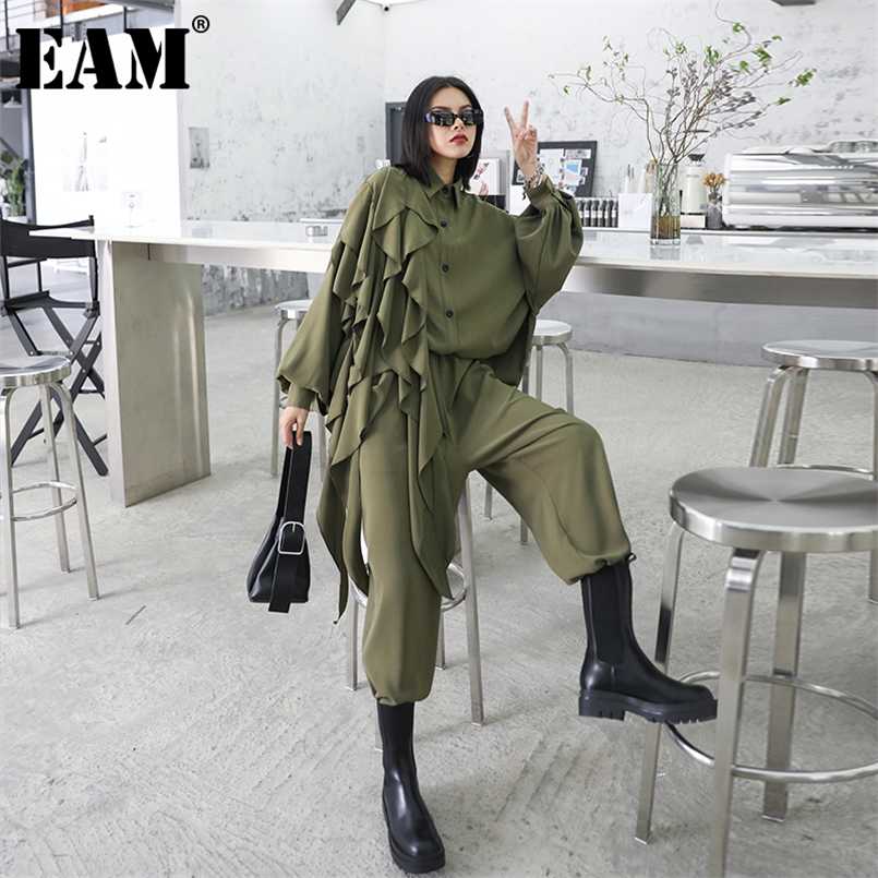 

[EAM] Wide Leg Pants Ruffles Big Size Two Piece Suit Lapel Long Sleeve Black Loose Women Fashion Spring Autumn 1Z84706 211109, Army green