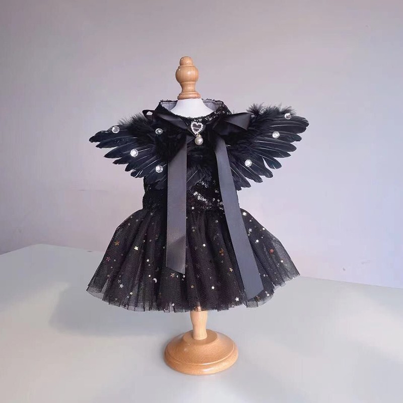 

Handmade Dog Apparel Dress Pet Clothes Detachable Feather Wings Tutu Shiny Sequin Skirt Cats Cosplay Costume Halloween Festival Holiday, White