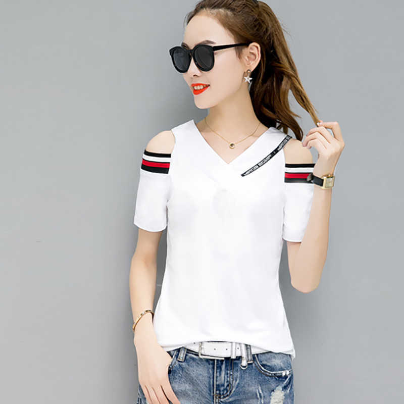

Off The Shoulder Tops For Women T Shirt Short Sleeve Summer Cotton Female T- Casual Tee Femme Clothes 210615, Black strips