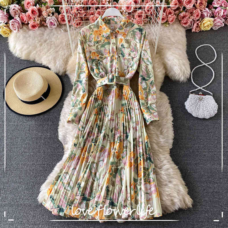 

LoveFlowerLife Spring Autumn Casual Floral Print Dress A Line Turn Down Collar Full High Waist Mid Calf Women Dresses 210521, Mixed