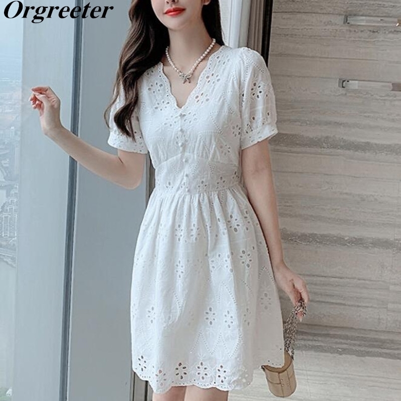 

Summer V-neck White Lace Dress Female Sweet Short sleeve High waist Slim A-line Mini 210525