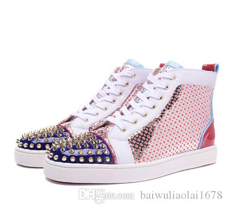 

LOUBOUTIN CHRISTIAN hot 2019 classic Elegant High Top Sneakers Shoes Women Men Trainers Patent Leather Flats Red Bottom Sneaker Casual W OxS, Blue