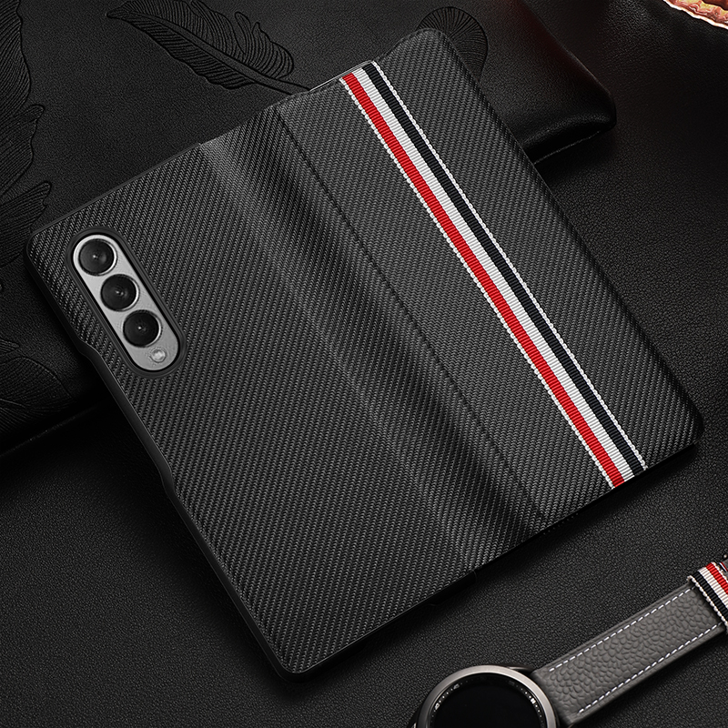 

Carbon Fiber PU Leather Folding Full Coverage Mobile Phone Cover Cases For Samsung Galaxy Z Fold 3, Black+red