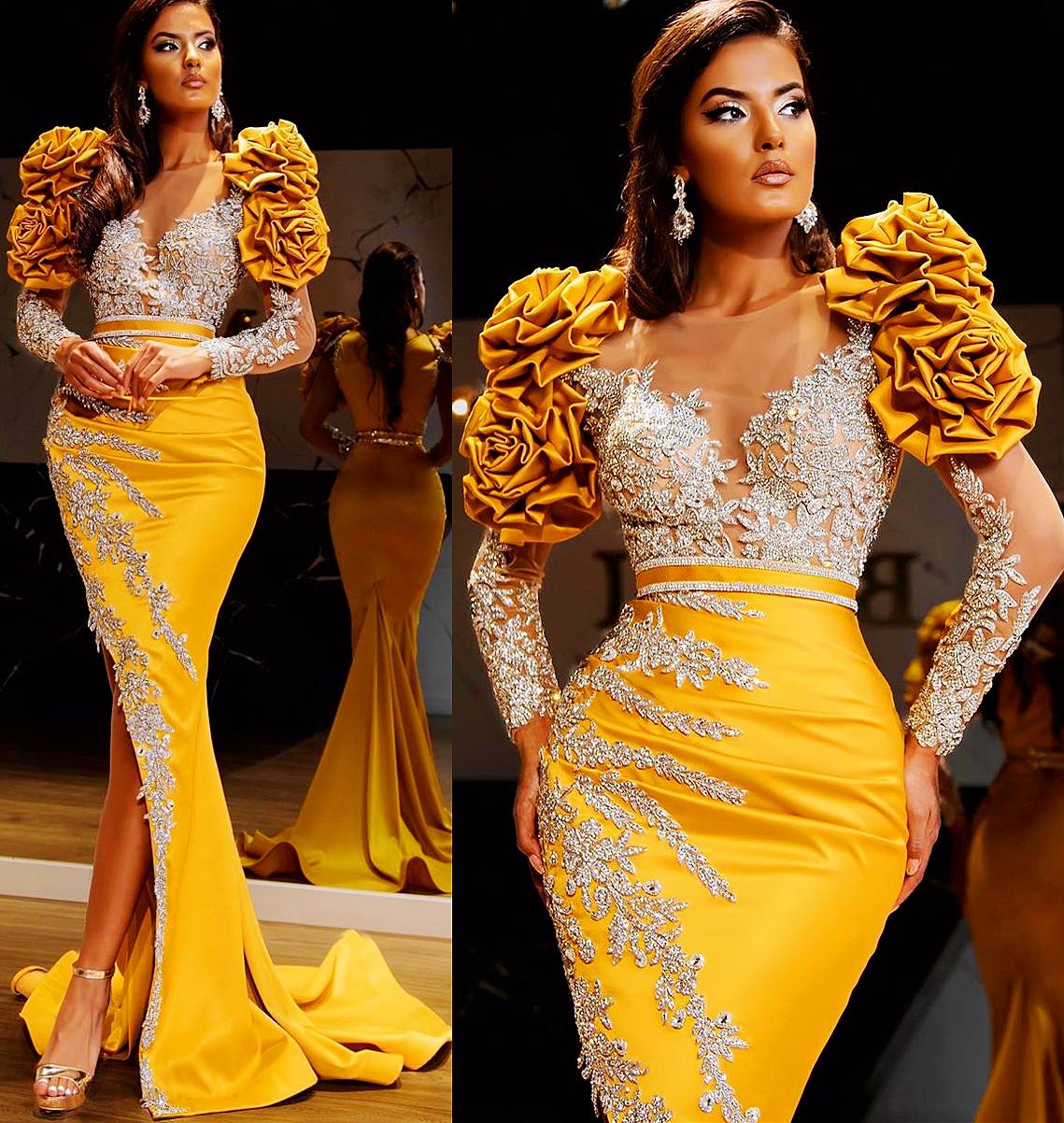 

2021 Plus Size Arabic Aso Ebi Yellow Sparkly Mermaid Prom Dresses Sheer Neck Sequined Evening Formal Party Second Reception Gowns Dress, Blue