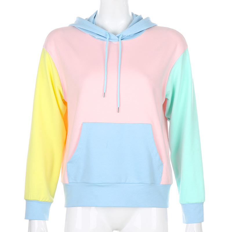 

Hoodies Dotfashion Color Block Drawstring Hooded Tops And Blue Pullovers Women Long Sleeve Patchwork Sweatshirt, Black