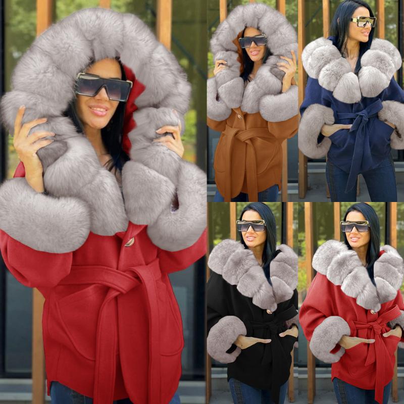 

Women' Wool & Blends Women Woolen Coat Casual Long-sleeved Hooded Belt Solid Color Short Fur Collar Quilted Winter Thick Warm Loose Jacket, Lq197-hong