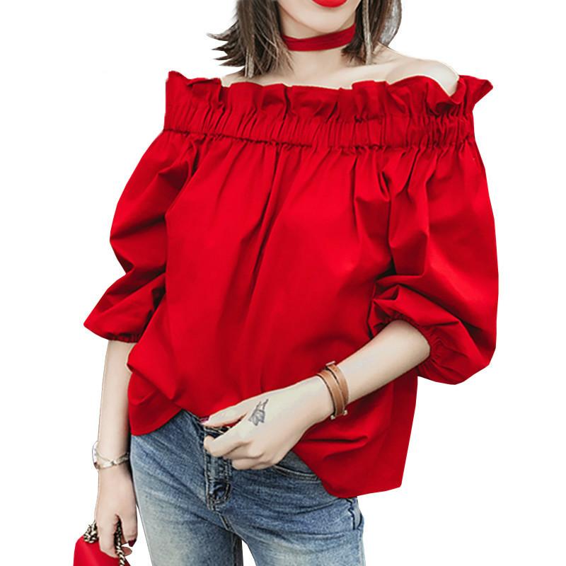

Women' Blouses & Shirts Off Shoulder Tops Women Spring Fashion Casual Slash Neck Blouse White Black Red Lantern Sleeve Loose Ruffle Womens