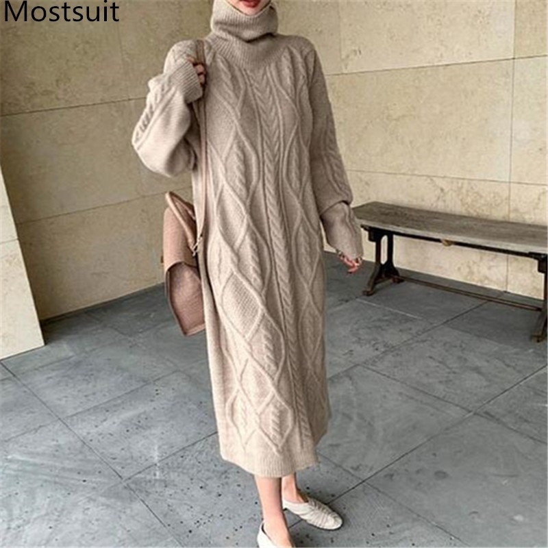 

Twisted Knitted Women Sweater Long Dress Autumn Winter Full Sleeve Turtleneck Loose Straight Dresses Casual Ladies Vestidos 210518, Apricot