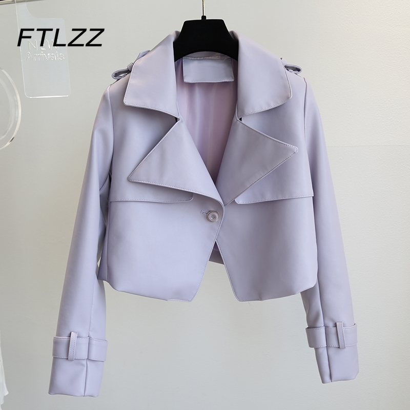 

Women Vintage Black Leather Jacket Fall Turn Down Collar Single Button Short Faux Coat Ladies Purple Streetwear Outwear 210602