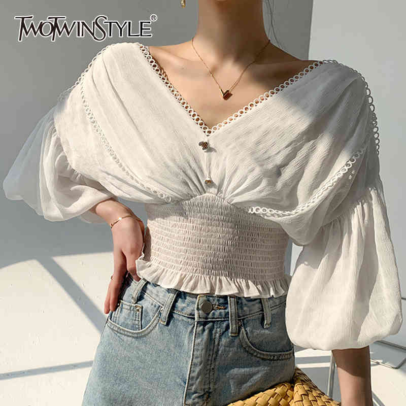 

Casual Ruched Patchwork Florals Shirt For Women V Neck Puff Half Sleeve Slim Backless Blouses Females Stylish 210524, White