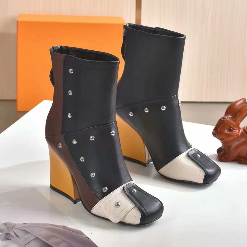 

rivet Martin boots woman cowhide zipper Metal buckle designer ankle boot 100% Leather lady High Heels fashion Autumn winter Thick heel women shoes size 35-40-41 With box, Blue heel