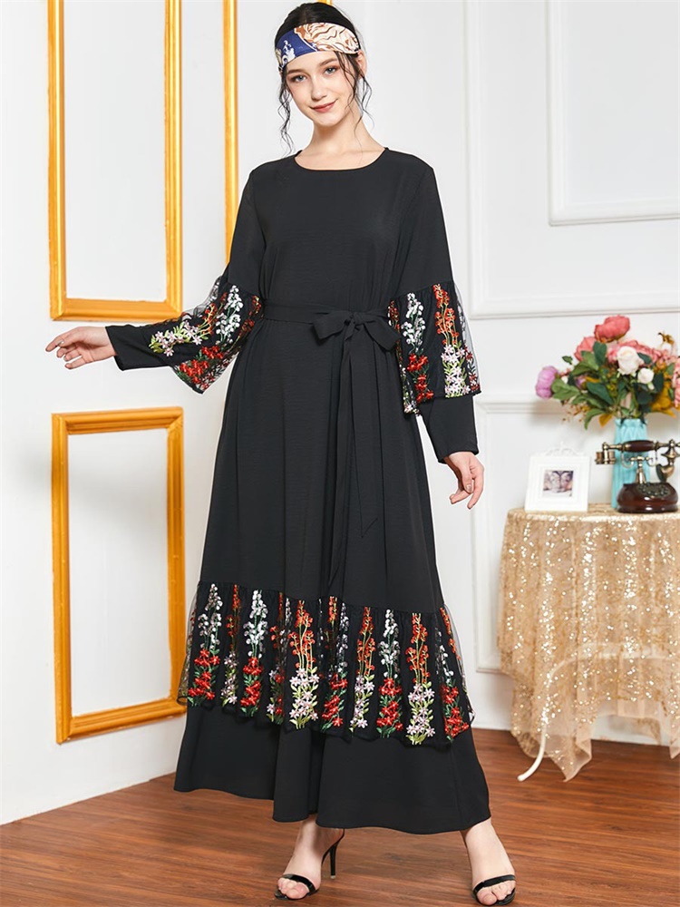 

tureky Muslim Ethnic ClothingLong Sleeve Dress Plus Size Bla Lace Embroidered Patchwork Maxi Dresses Elegant Turkey Arabic