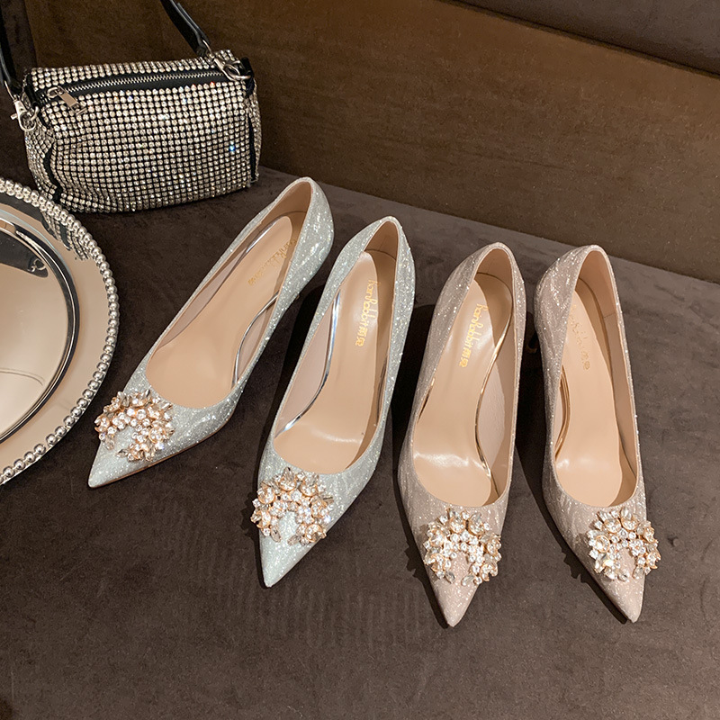 

31-43 Size Bridal Shoes Wedding for Women sandals Rhinestone Pointed Toe Silver High Heels Stiletto, Gold (10cm)