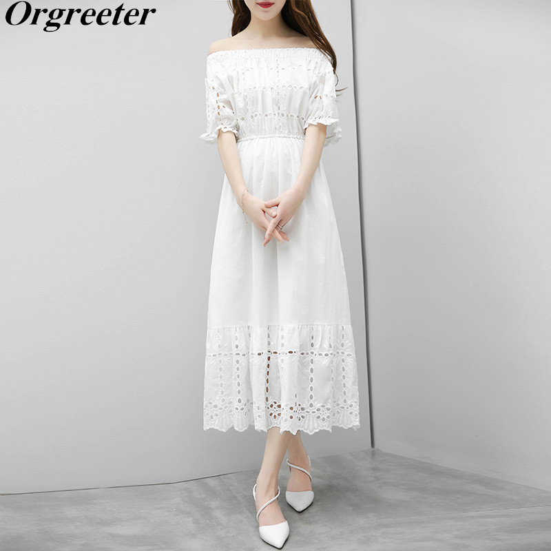 

Korean Style Chic Summer Seaside Vacation Beach Dress Bohemian tube top Slash neck Short Sleeve Embroidery Hollow Female 210525, White