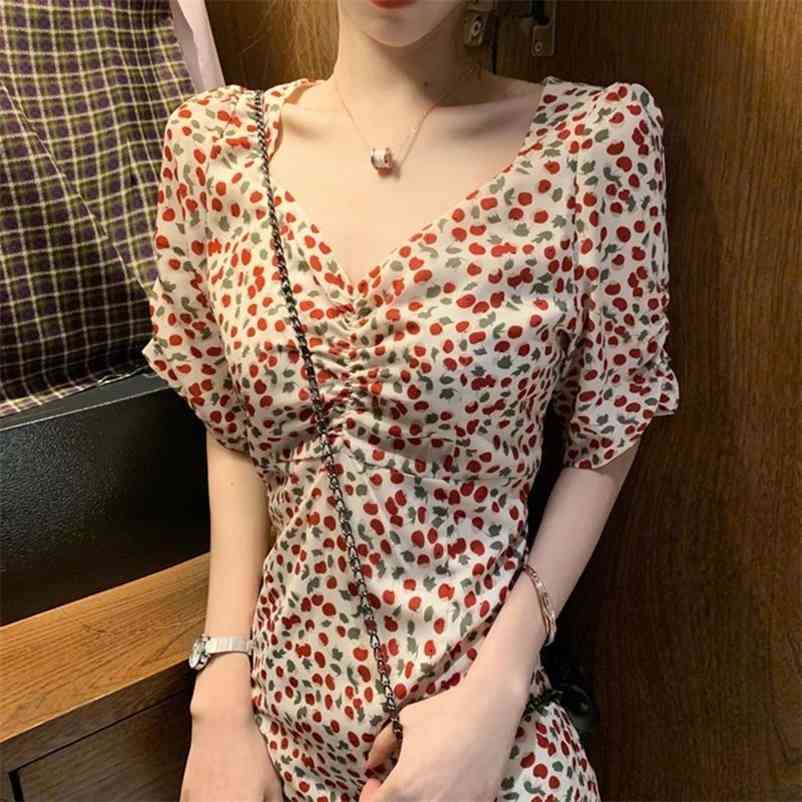 

Summer Floral Dress Women French Vintage Retro Party Chiffon Casual Sexy Designer Elegant Korean Mini 210519, Red