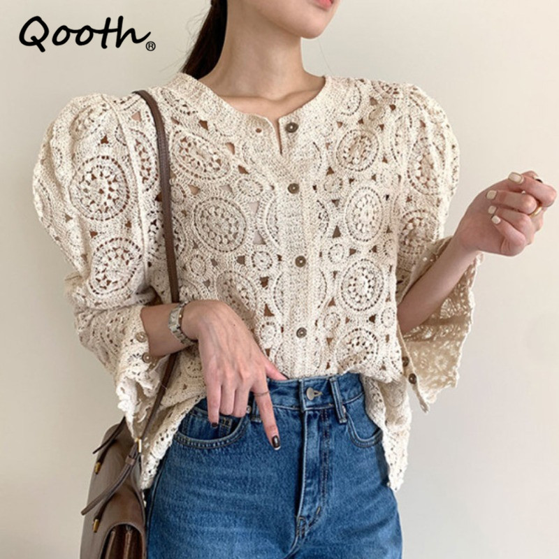 

Qooth Elegant V-neck Crochet Hollow Sweater Spring Autumn Thin Single-breasted Casual Puff Sleeve Womens Fashion Tops QT583 210518, White