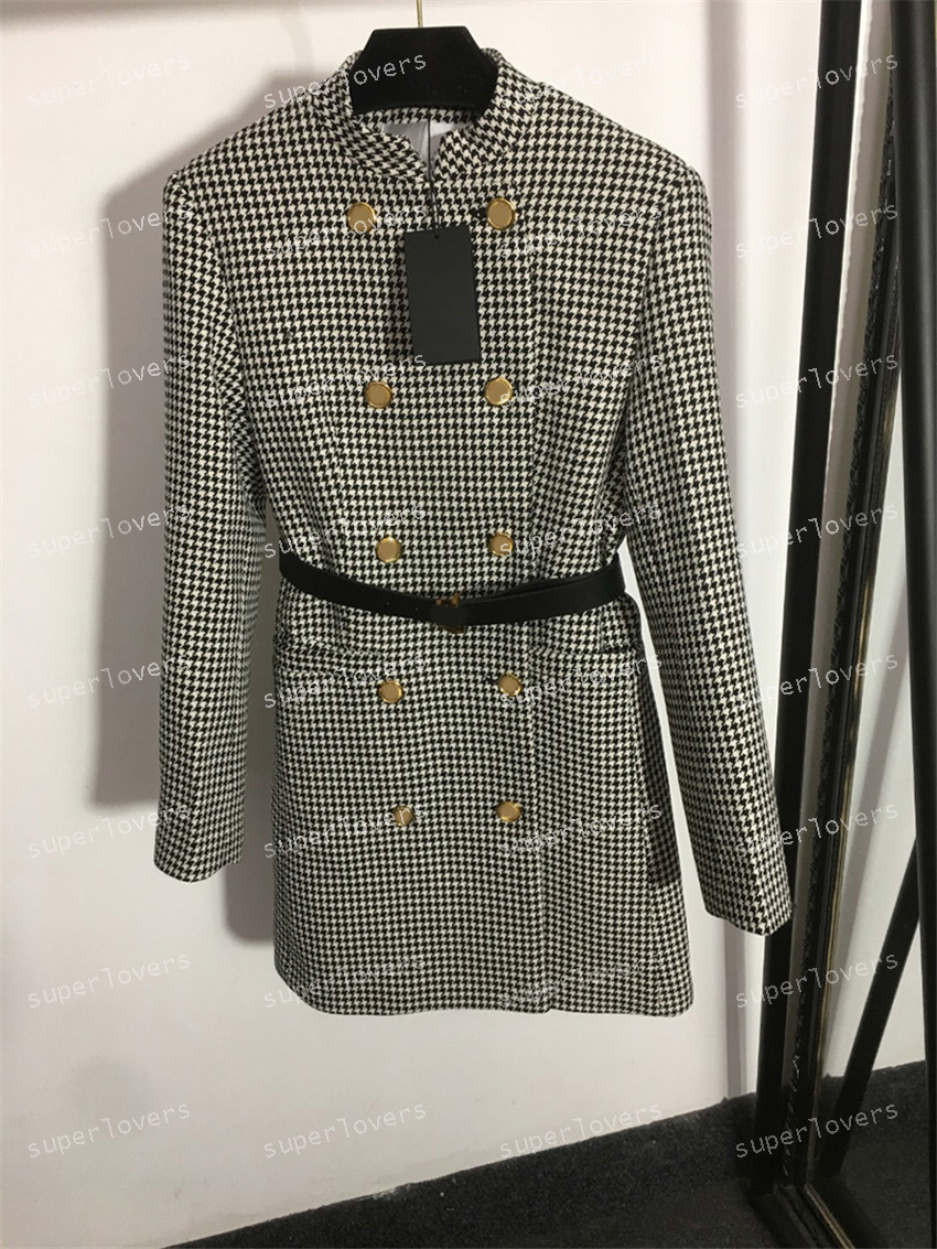 

Double Breasted Gold Buckle Dress Belt Waist Houndstooth Dresses Womens Spring Autumn Woolen Long Sleeve Dress, With label