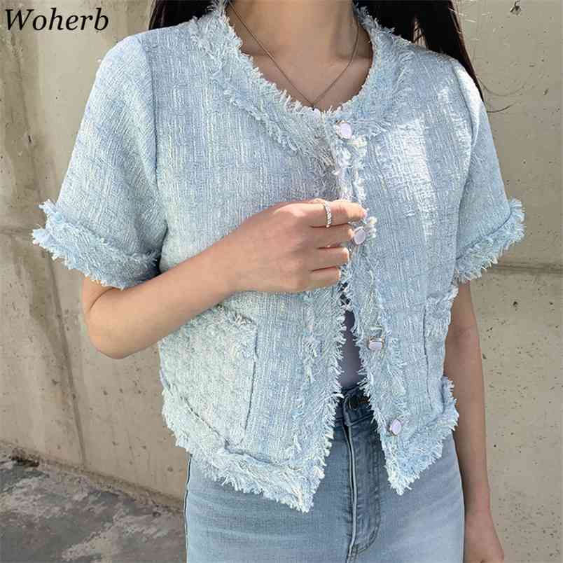 

Women Chic Jacket Summer Korean Temperament Tassel Patchwork Loose Tops Elegant Single Breasted Short Sleeve Coats 210519, Light blue