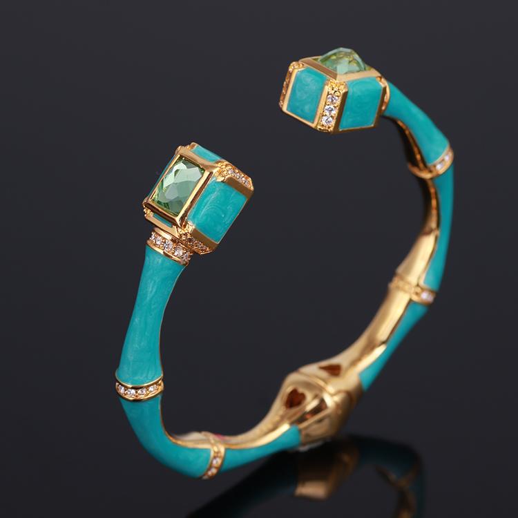 

Bangle Luxuy Bamboo Design Crystal Women Classic Fashion Gold Metal Ocean Blue Stone And Rhinestone Brand Jewelry