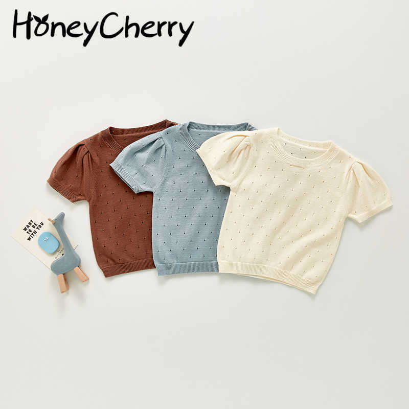 

summer casual knit top solid color hollow girls round neck short sleeve T-shirt kids clothes 210701, Gray