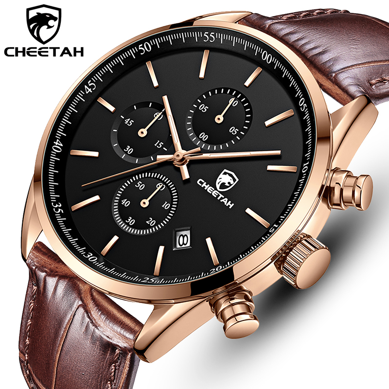 

2021 New Men Watch CHEETAH Waterproof Quartz Men Watches Chronograph Sport Wristwatch Leather Business Male Clock Watch With Boxg, Rose god brown