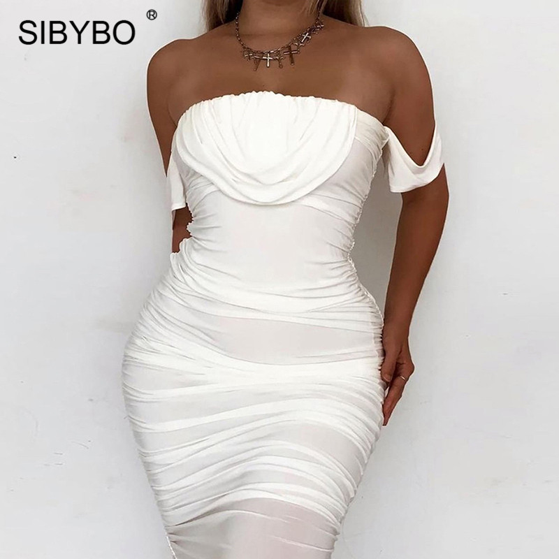 

Sibybo Spring Off Shoulder Pleated Sexy Dress Women Fashion Strapless Summer Party Dress Backless Beach Ladies Casual Dresses, Khaki