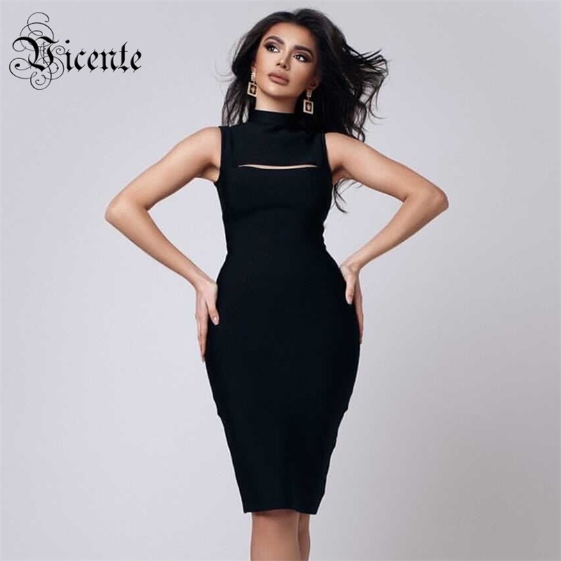 

Women's Dresses For Important Occasions Cocktail Party Black Hollow Design High Neck Bandage Dress 210520