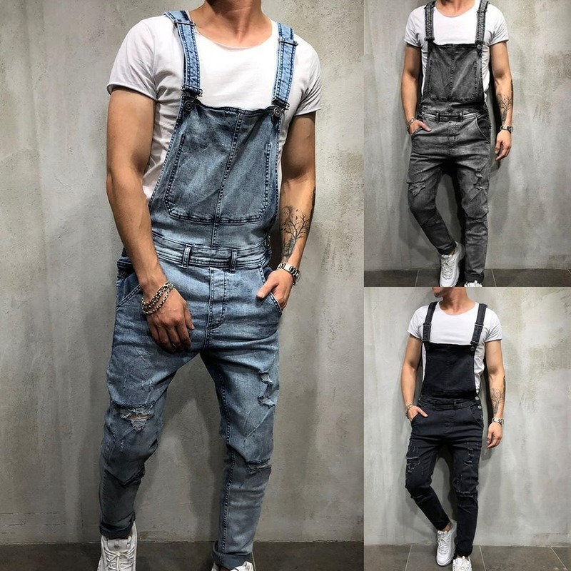 

Mens Retro Ripped Denim Overalls Long Jumpsuit Summer, Blue