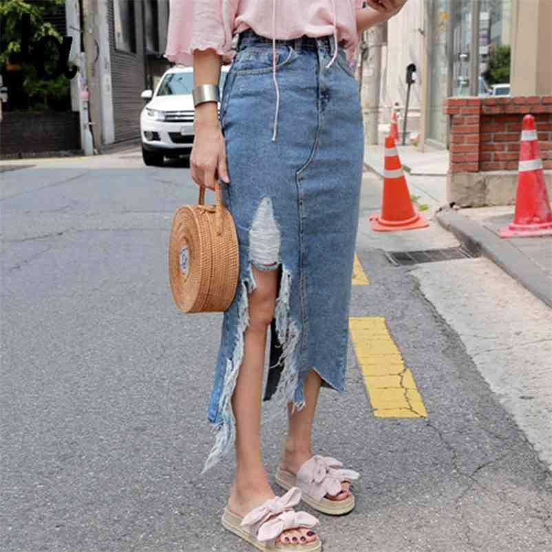 

Women Summer Tassel Hem Split Irregular Denim Midi Skirt Female High Waist Casual Blue Ripped Side Jeans Skirts 210519