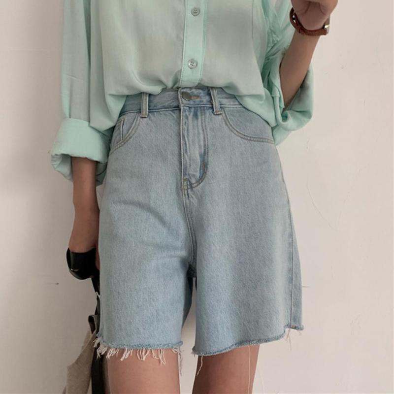 

Women' Shorts Denim Women Casual Burrs Trousers Leg Light Blue Ladies Zipper Closure 2021