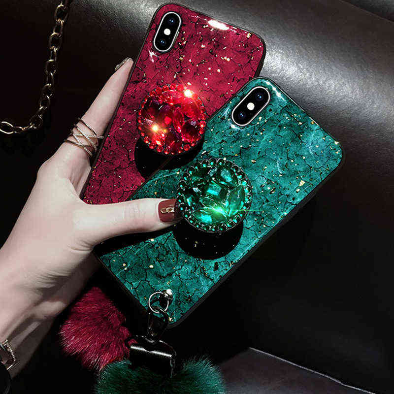 

DIY crystal holder Stand+Hairball+Strap Phone case For iPhone 13 11 PRO MAX 8 7 Plus XSMAX XR 12 ProMax Bling Glitter TPU Coque Y211229