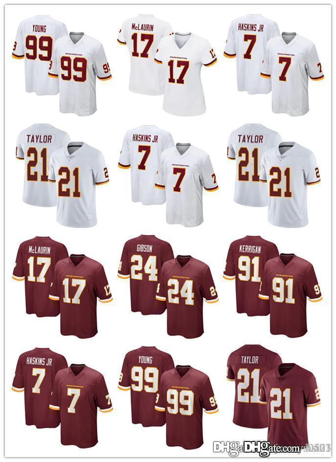 

Mens Washington Football Team 17 Terry McLaurin 99 Chase Young 91 Ryan Kerrigan 21 Sean Taylor 7 Haskins JR Red Football Jerseys, Black;red