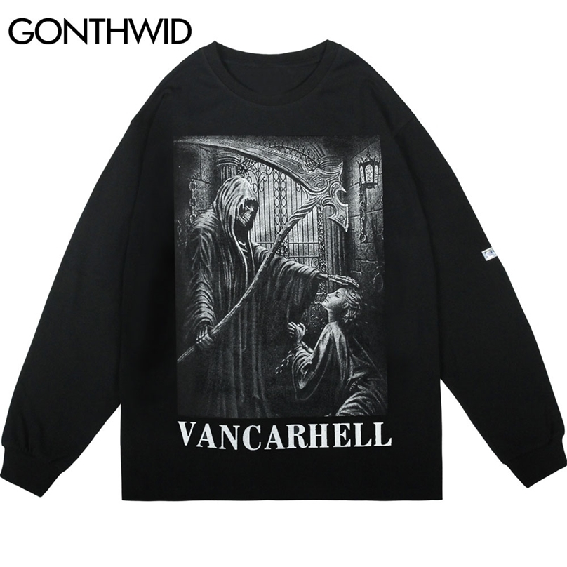 

Tees Shirts Streetwear Devil Girl Print Punk Rock Gothic Long Sleeve Tshirts Hip Hop Hipster Casual Cotton Loose Tops 210602, Black
