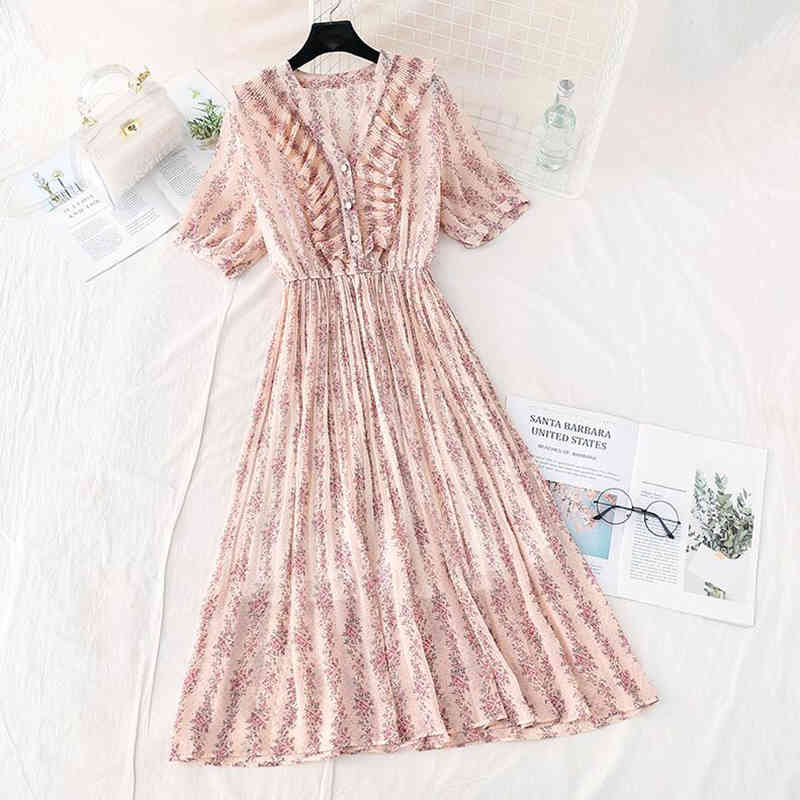 

Summer Women V-neck Pleated Dress Elastic Waist Short Sleeve Floral Print Chiffon Dress Casual Ruffles Midi Long Dresses 210521, Xisu green