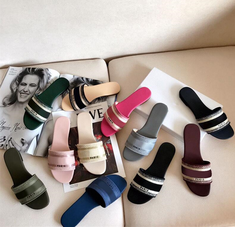 

Top Embroidered Slippers Paris Womens Slippers Summer Embroidery Sandal Floral Brocade fashion Flip Flops Striped Beach Genuine Leather, Box