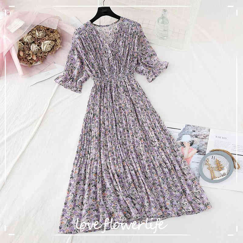 

Summer Dress Women Vintage Floral Print Short Sleeve Female Pleated Chiffon Dress Elegant Button Party Vestidos Femme 210521, Sky blue