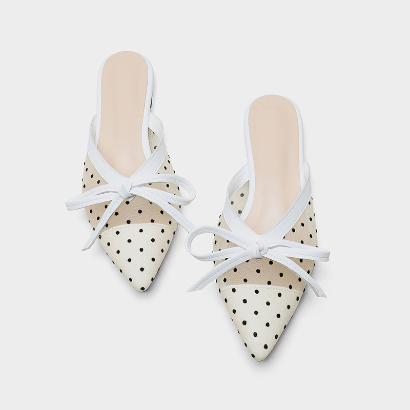 

Mesh Closed-Toe Slippers Women's Pointed Flat Heel Fashion Shoes Summer New A- line Polka Dot Low Heel Fairy, Black