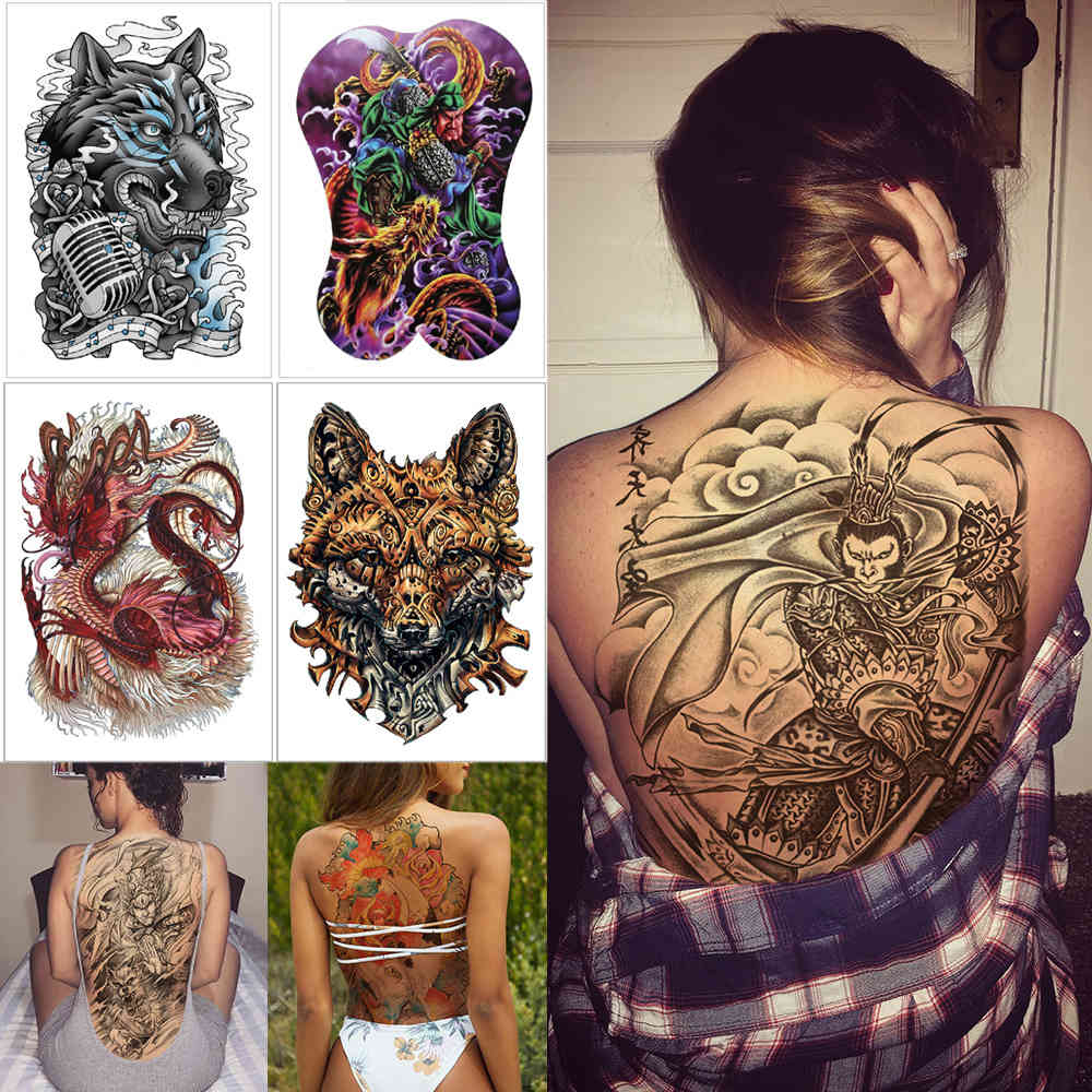 

Full back large temporary stickers Wolf dragon Back body s tiger koi Woman waterproof fake big tattoo 340*480mm