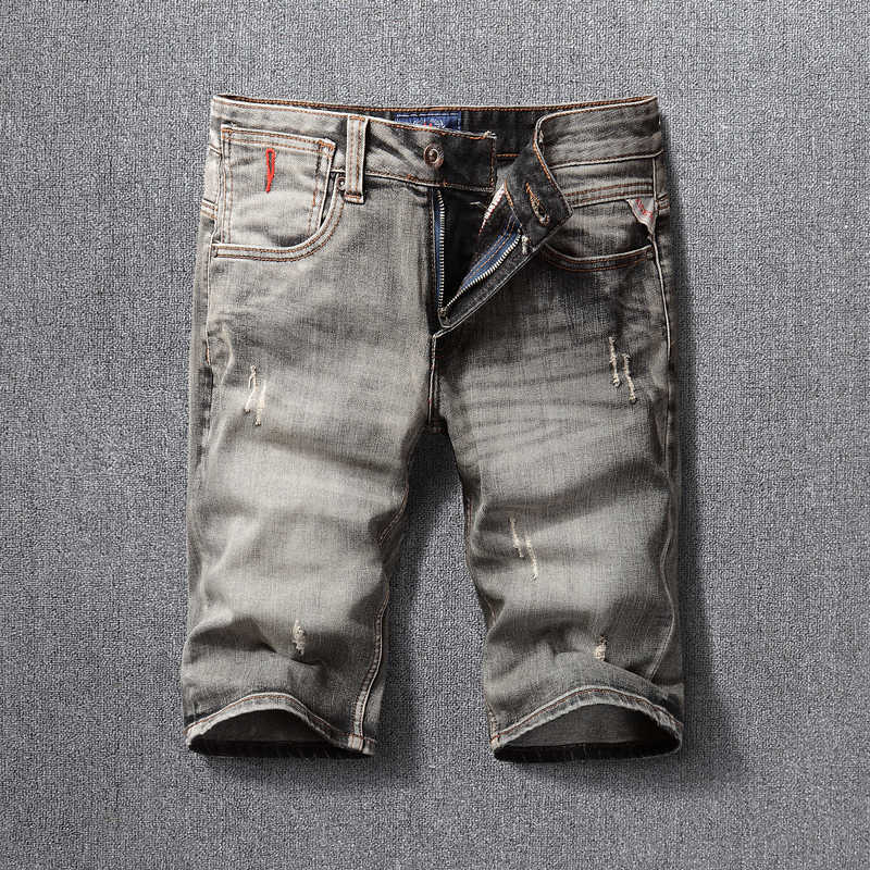 

Italian Style Fashion Men Jeans High Quality Retro Gray Casual Ripped Denim Shorts for Spliced Vintage Designer Short 4OWL