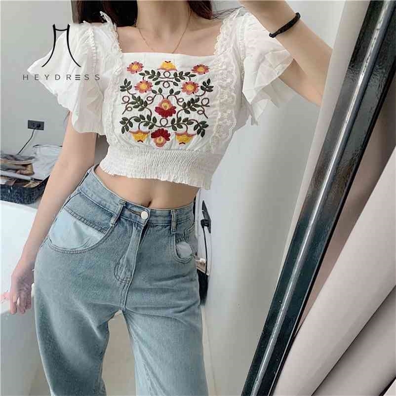 

Women Blouse Ruffled Lace Floral Embroidered Jacquard Shirt Korean Chic Vintage Sweet Boho Crop Tops Blusas Mujer De Moda 210517, White