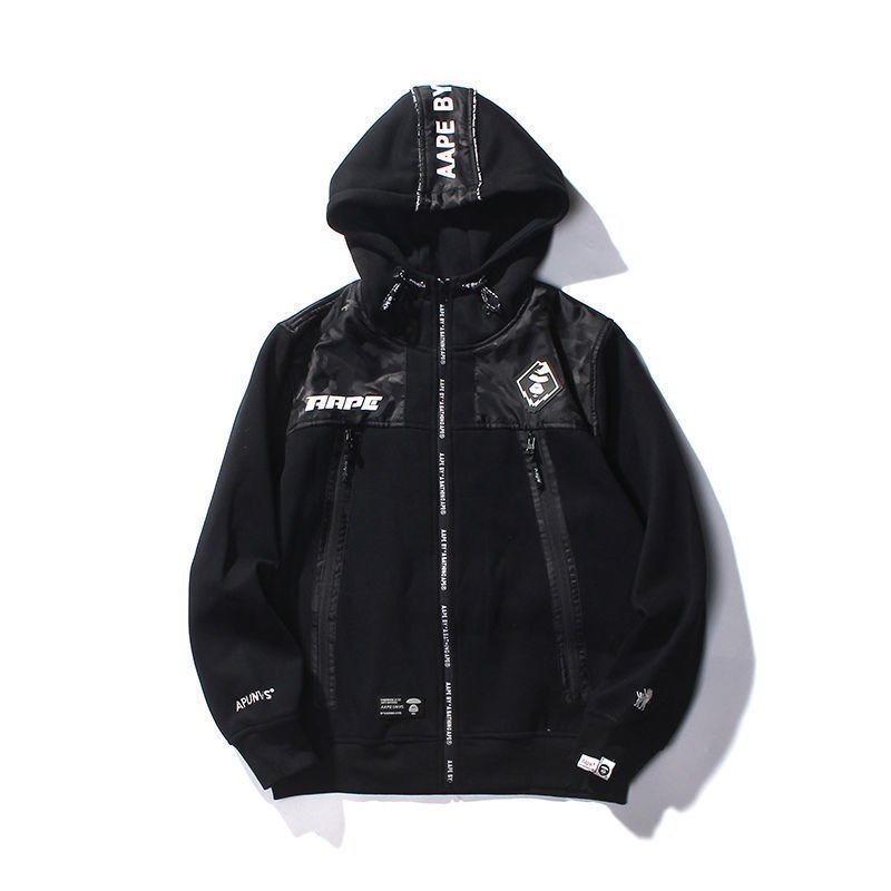 

AAPE Fashion brand ape head hooded zipper sweater men's and fashion casual cotton warm jacket, Black