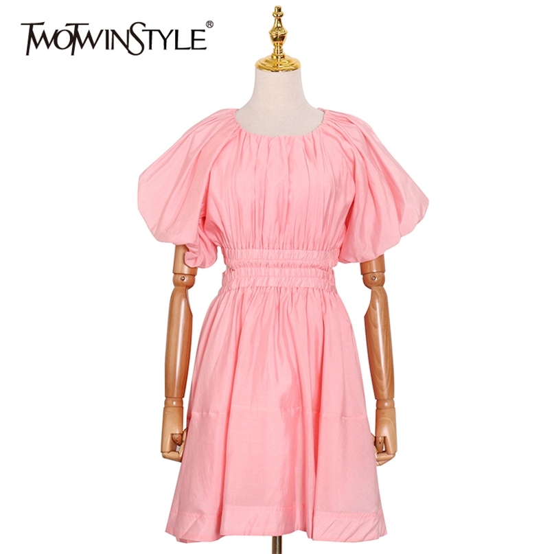 

Hollow Out Pink Dress For Women O Neck Puff Sleeve High Waist Midi Dresses Female Fashion Clothing Summer 210520