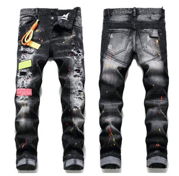 

Men Badge Rips Stretch Black Jeans Fashion Slim Fit Washed Motocycle Denim Pants Men's Panelled Hip Hop Trousers For Male 1070