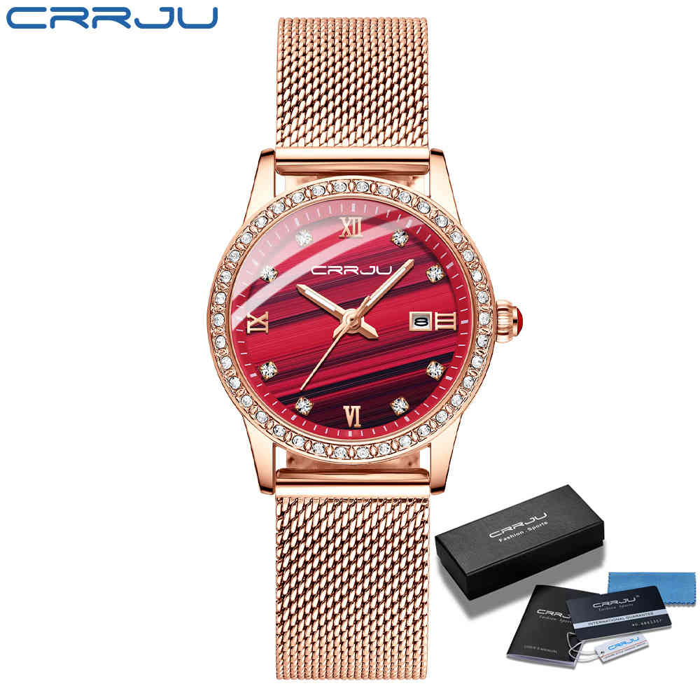 

Women CRRJU Fashion Casual Red Diamond Watches Ladies Beauty Elegant Crystal Waterproof Quartz Mesh Watches Zegarek Damski 210517, Rose black
