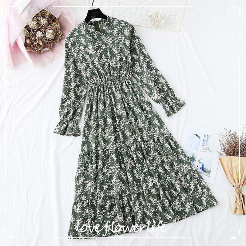 

Autumn Women Chiffon Dress Vintage Long Sleeve Floral Print Ruffles Long Dresses Elastic Waist Casual Women Party Dress Vestidos 210521