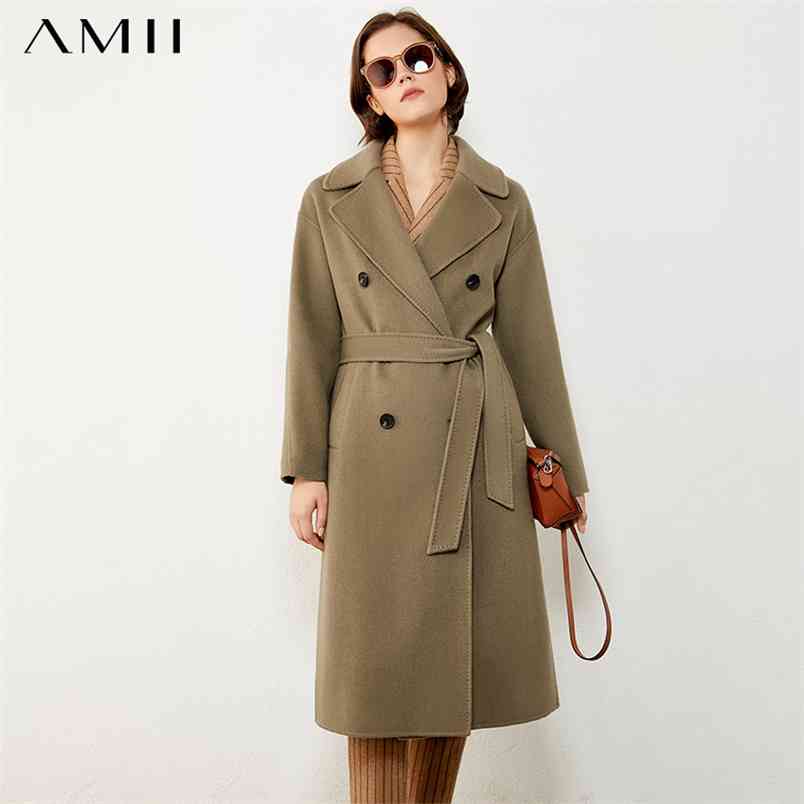 

Minimalism Winter British Style Fashion Coat Female 100%wool Lapel Double breasted Belt Double-sided Woolen 12040738 210527, Black