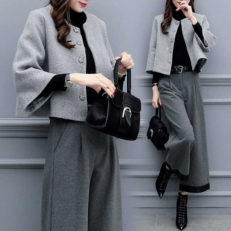 

Elegant ladies jacket pants two-piece winter casual woolen lady coat female Temperament high waist 210527