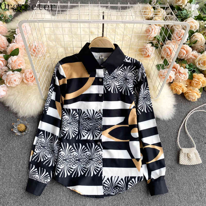 

Runway Design Personality Striped Printeed Contrast Color Long Sleeve Shirt Blouse Spring Fall Ladies Lapel Women Tops 210525, Black