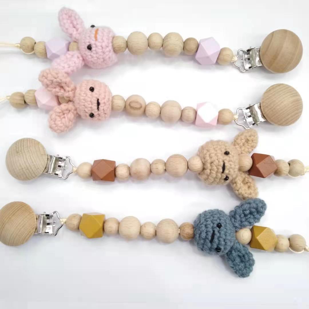 

Baby Pacifier Clips beech Pacifiers Soother Cartoon rabbit woodiness Holder Beaded Clip Chain Nipple Teether Dummy Strap Chains Infant Shower Gift WMQ755